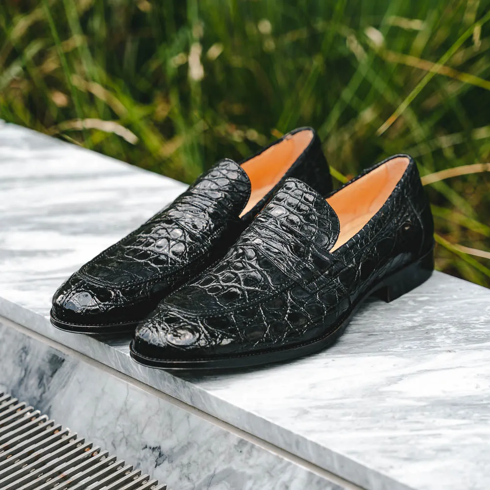 11-201-BKM ROMA Crocodile Penny Loafer, Black