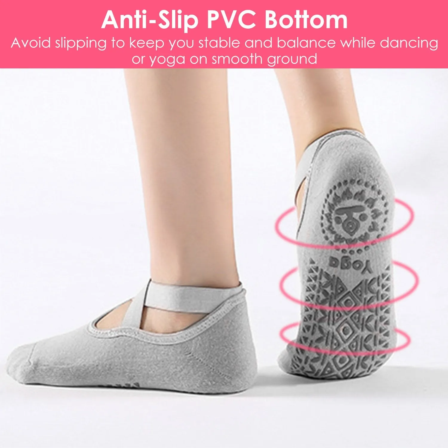 6 Packs Women Yoga Socks Non Slip Grips Straps Cotton Pilates Dance Gym 5-8.5