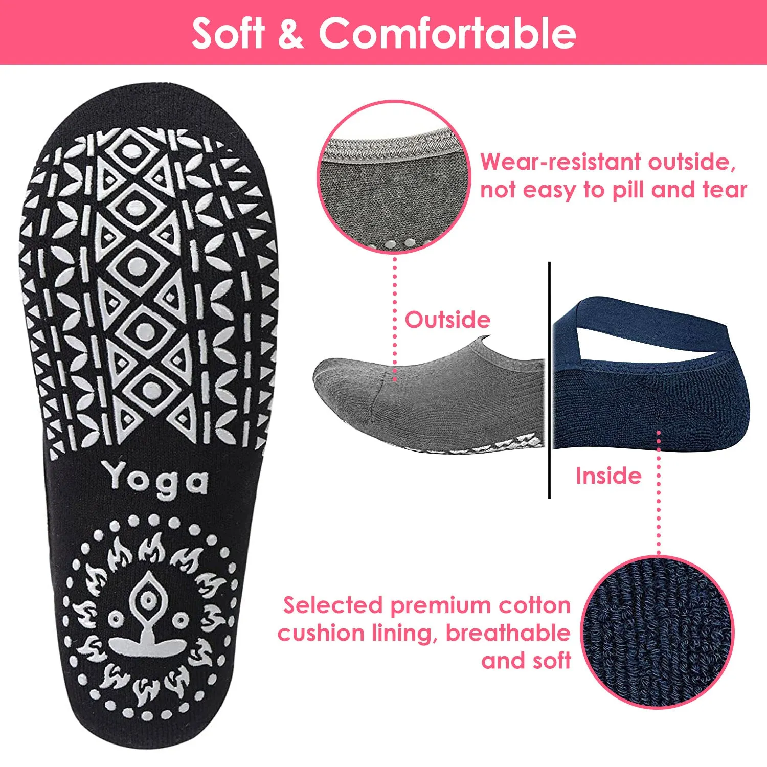 6 Packs Women Yoga Socks Non Slip Grips Straps Cotton Pilates Dance Gym 5-8.5