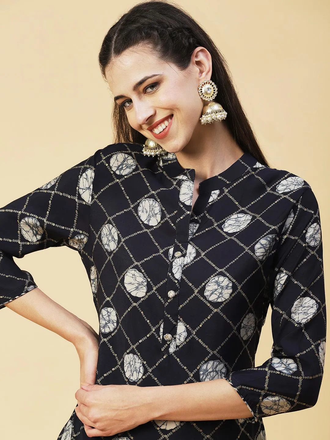 Abstract Barfi Printed Kurta With Abstract Printed Pants - Navy Blue