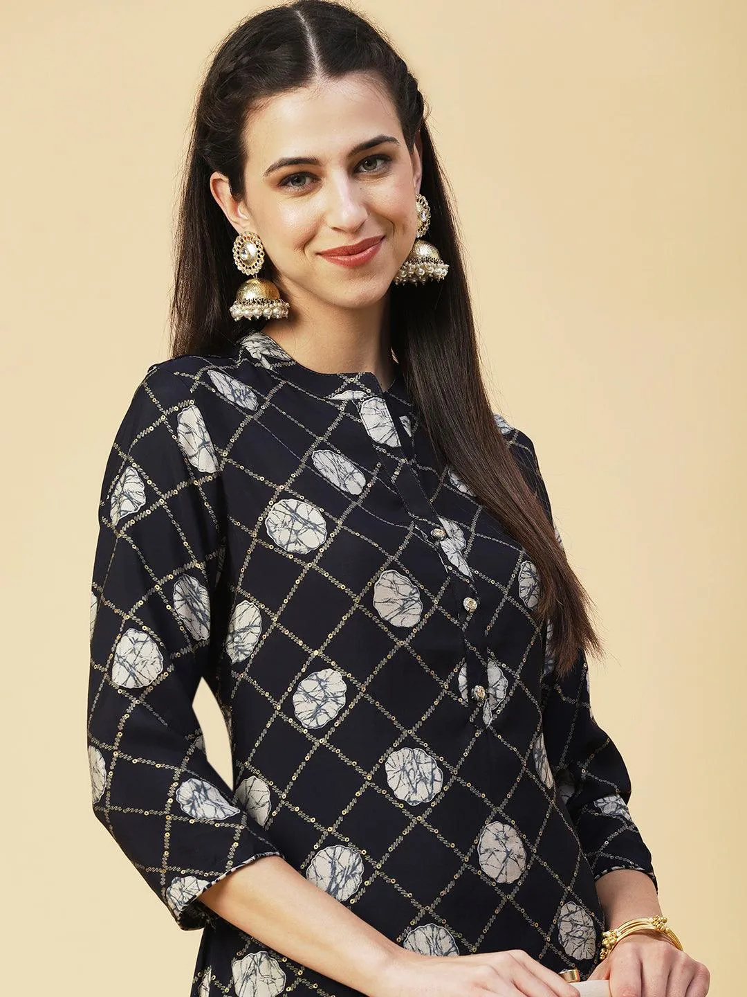 Abstract Barfi Printed Kurta With Abstract Printed Pants - Navy Blue