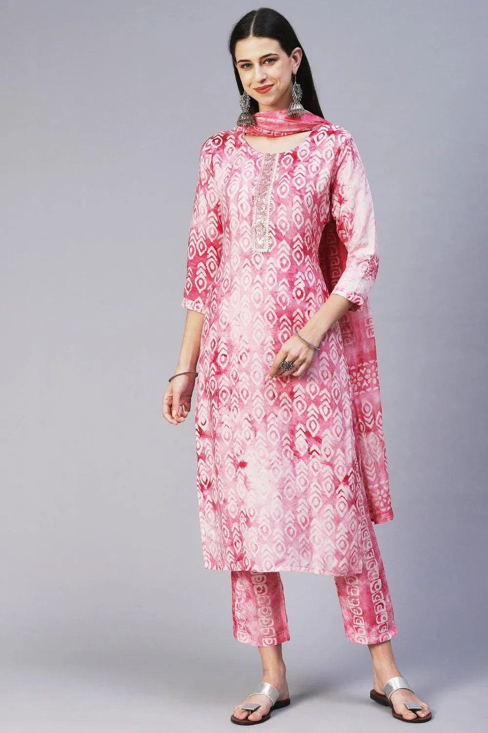 Abstract Batik Printed Mirror Embroidered Kurta With Pants & Dupatta - Magenta