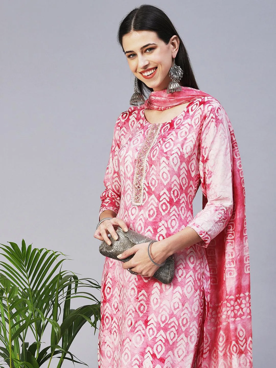 Abstract Batik Printed Mirror Embroidered Kurta With Pants & Dupatta - Magenta