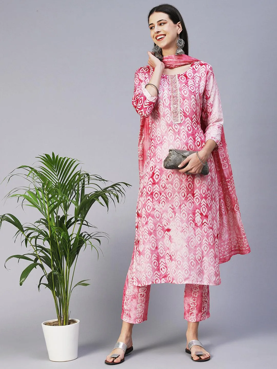 Abstract Batik Printed Mirror Embroidered Kurta With Pants & Dupatta - Magenta