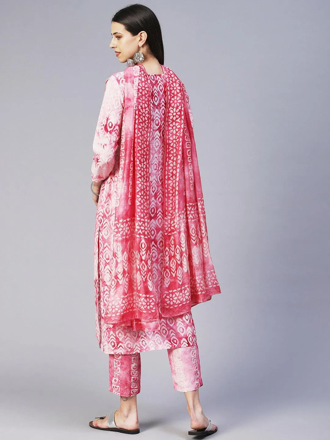 Abstract Batik Printed Mirror Embroidered Kurta With Pants & Dupatta - Magenta