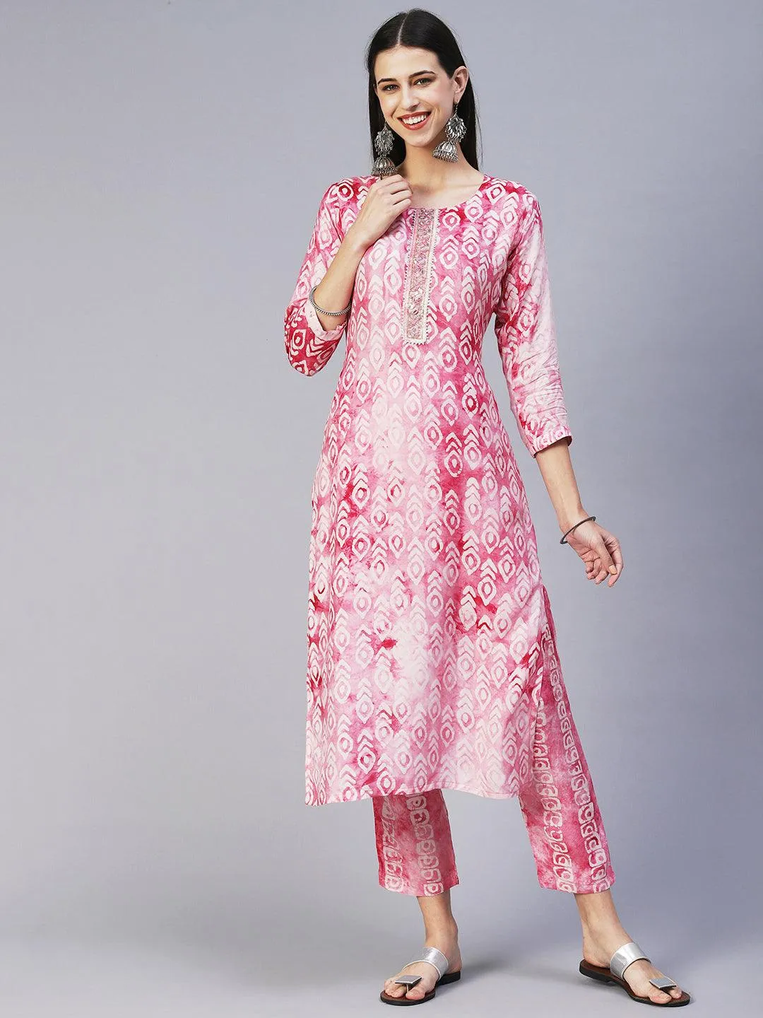 Abstract Batik Printed Mirror Embroidered Kurta With Pants & Dupatta - Magenta