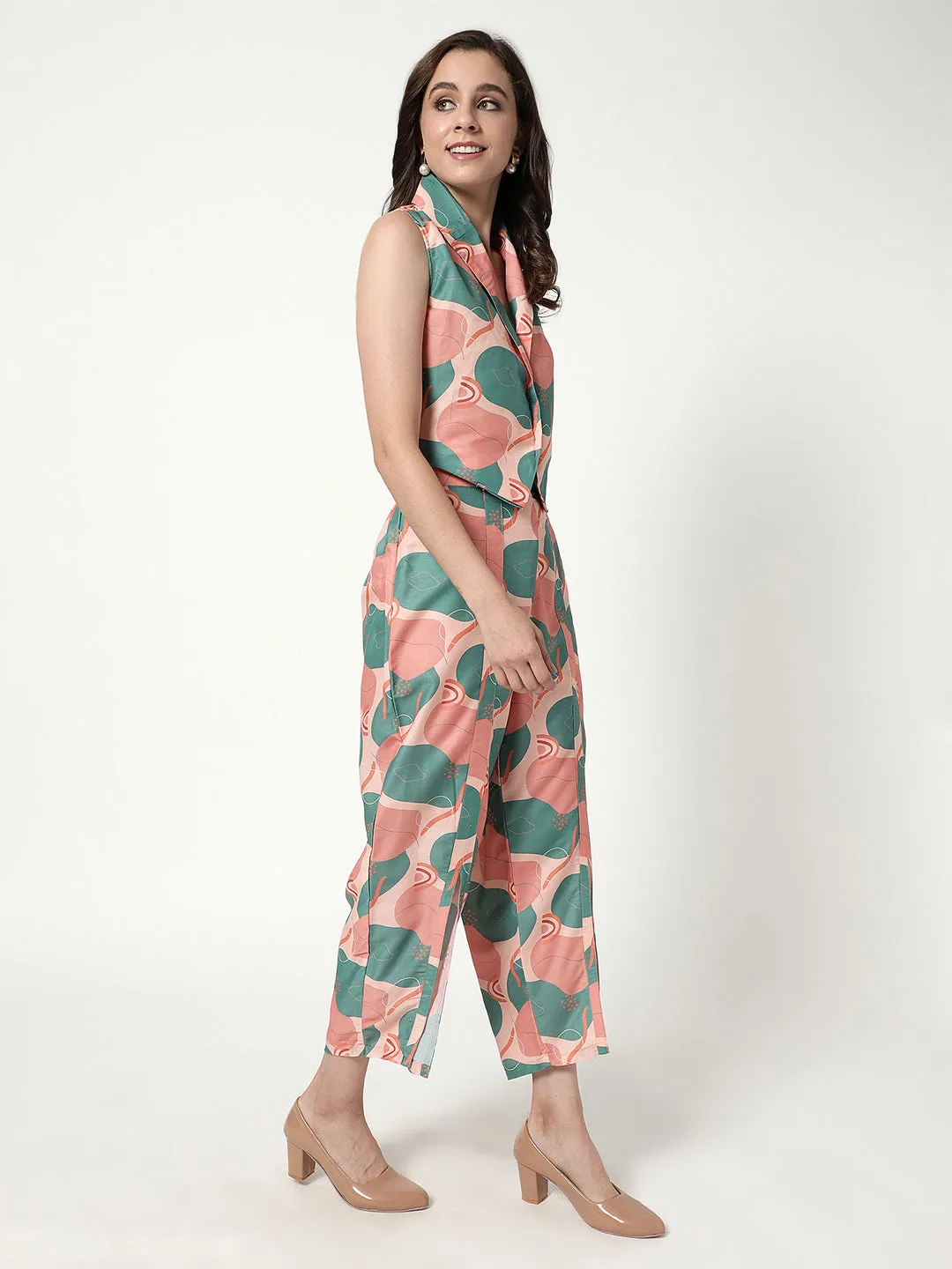 Abstract Digital Printed Waistcoat Top With Pant Set