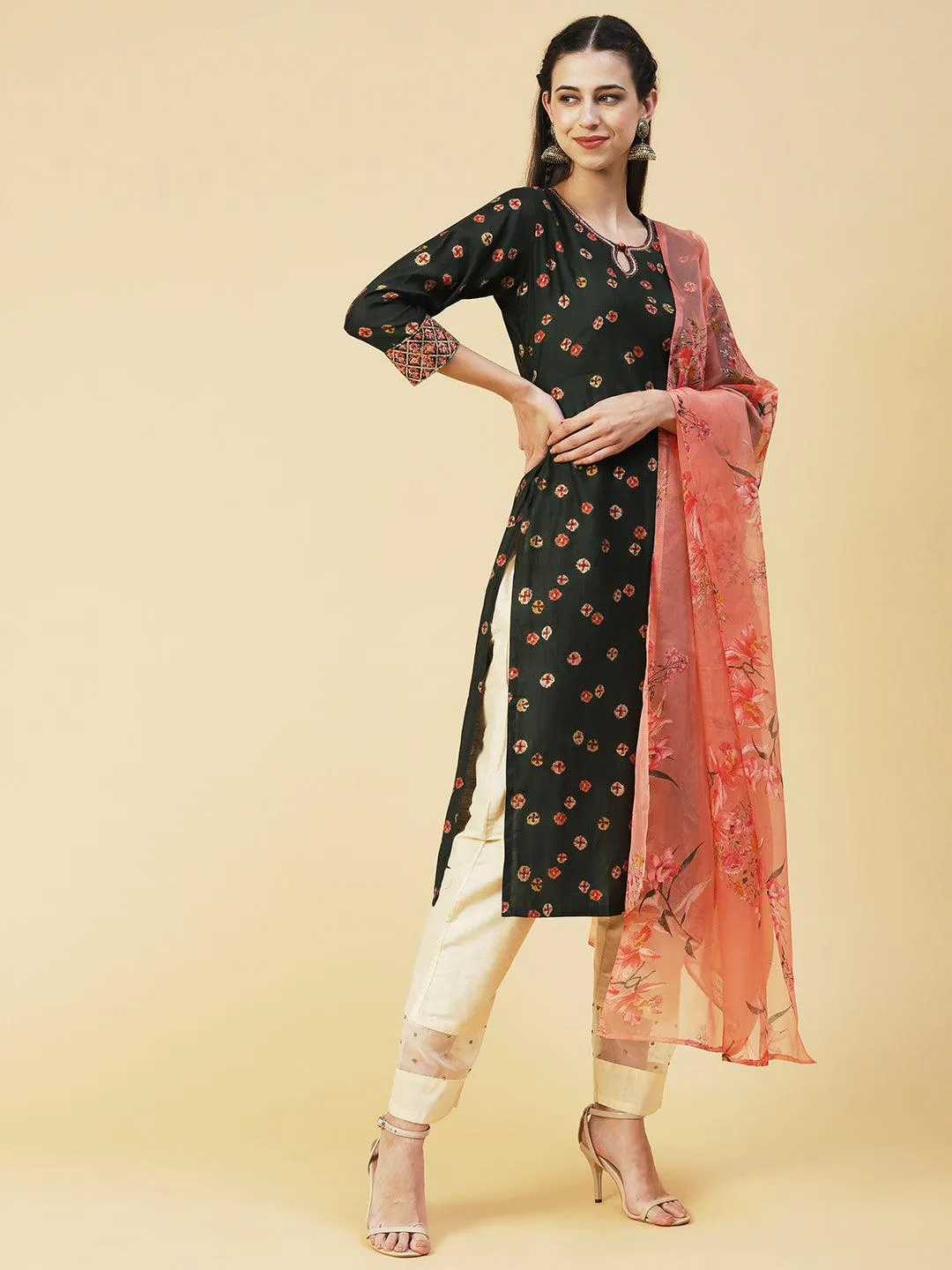 Abstract Floral Printed Embroidered Kurta With Printed Dupatta - Green