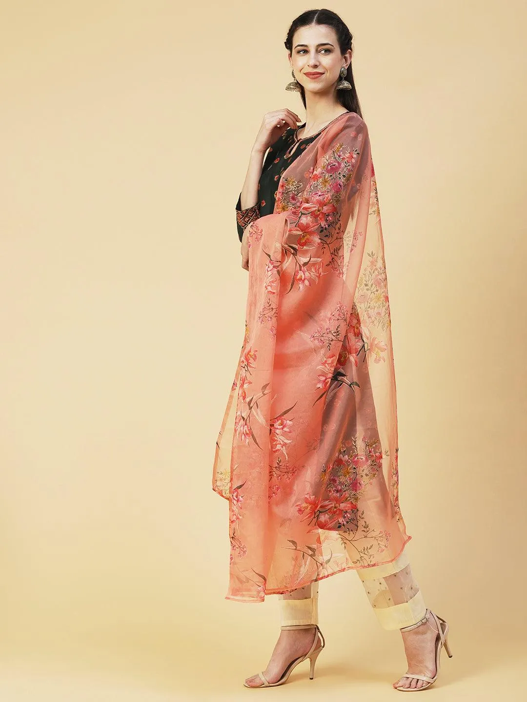 Abstract Floral Printed Embroidered Kurta With Printed Dupatta - Green