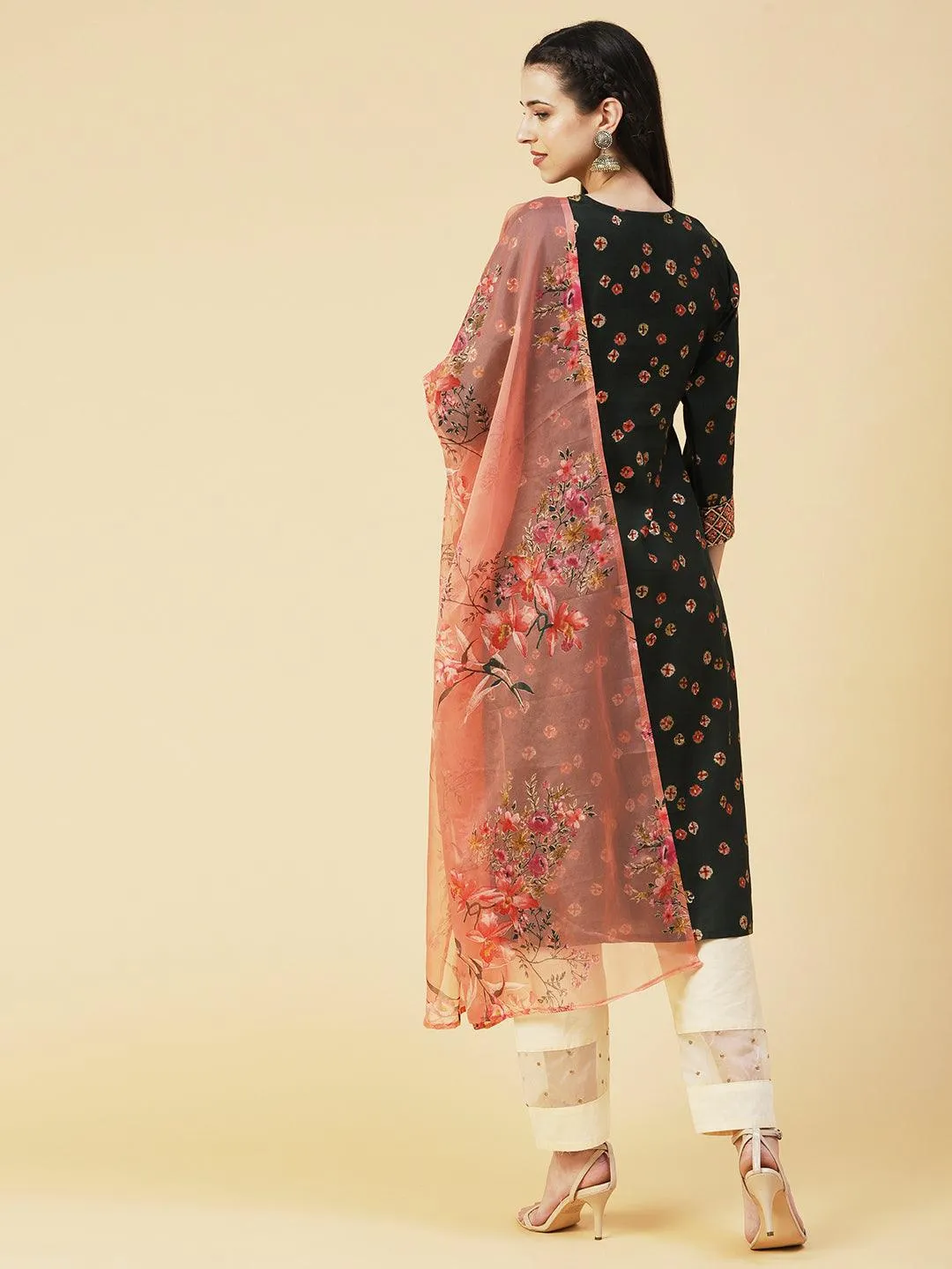 Abstract Floral Printed Embroidered Kurta With Printed Dupatta - Green