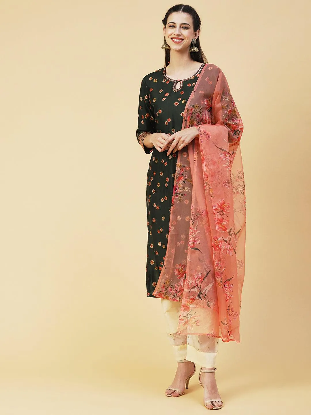 Abstract Floral Printed Embroidered Kurta With Printed Dupatta - Green