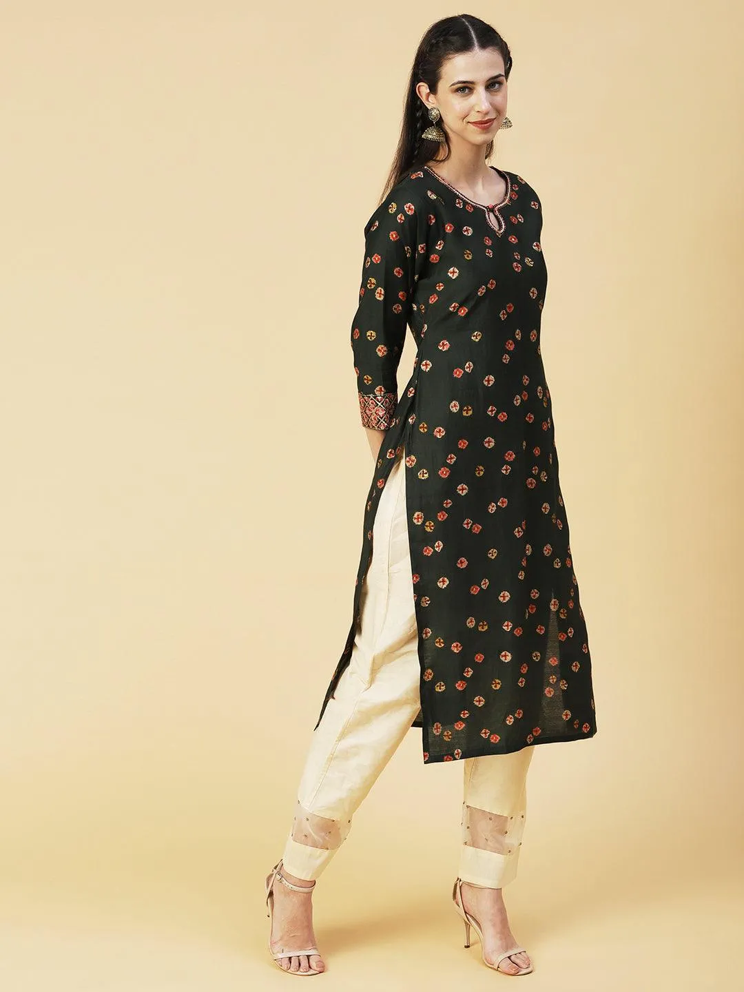 Abstract Floral Printed Embroidered Kurta With Printed Dupatta - Green