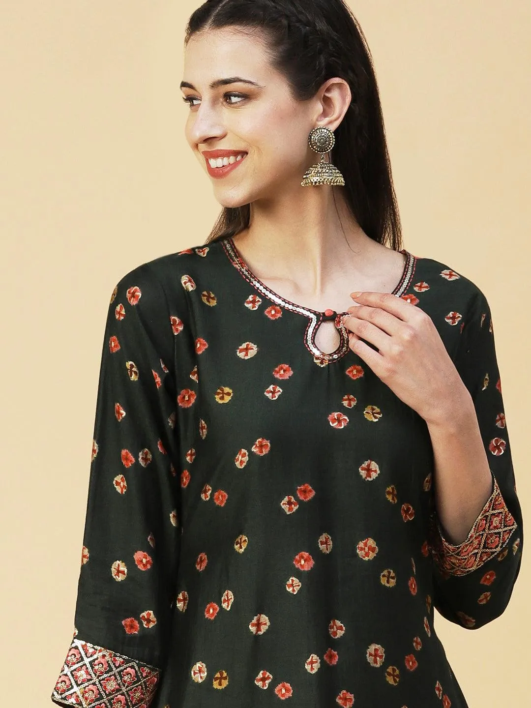 Abstract Floral Printed Embroidered Kurta With Printed Dupatta - Green