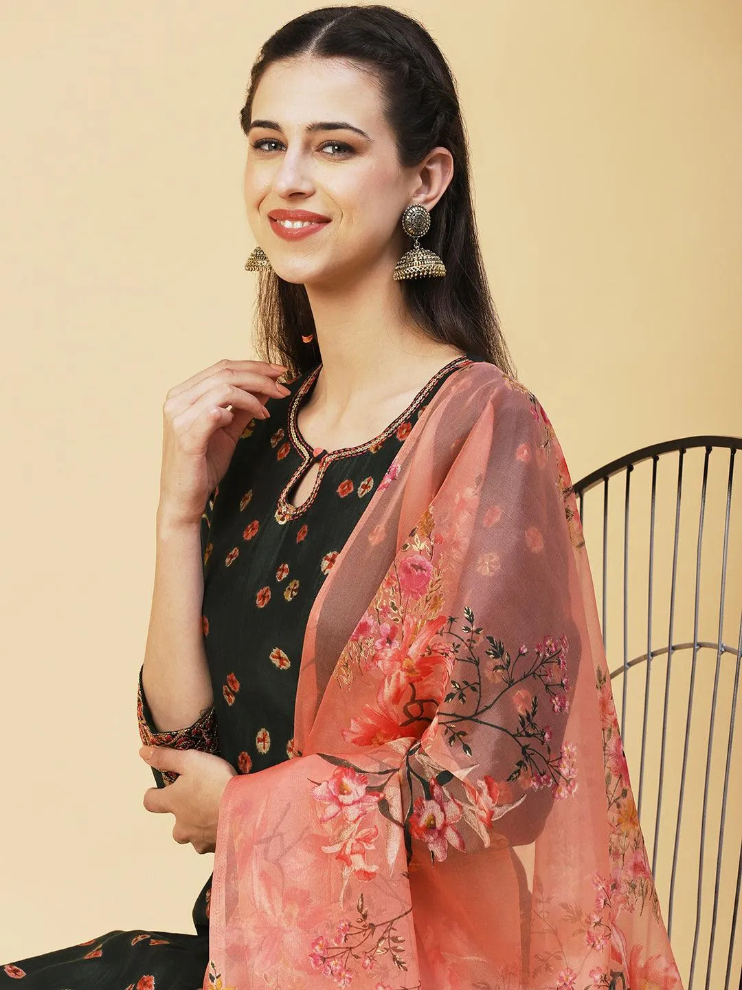 Abstract Floral Printed Embroidered Kurta With Printed Dupatta - Green