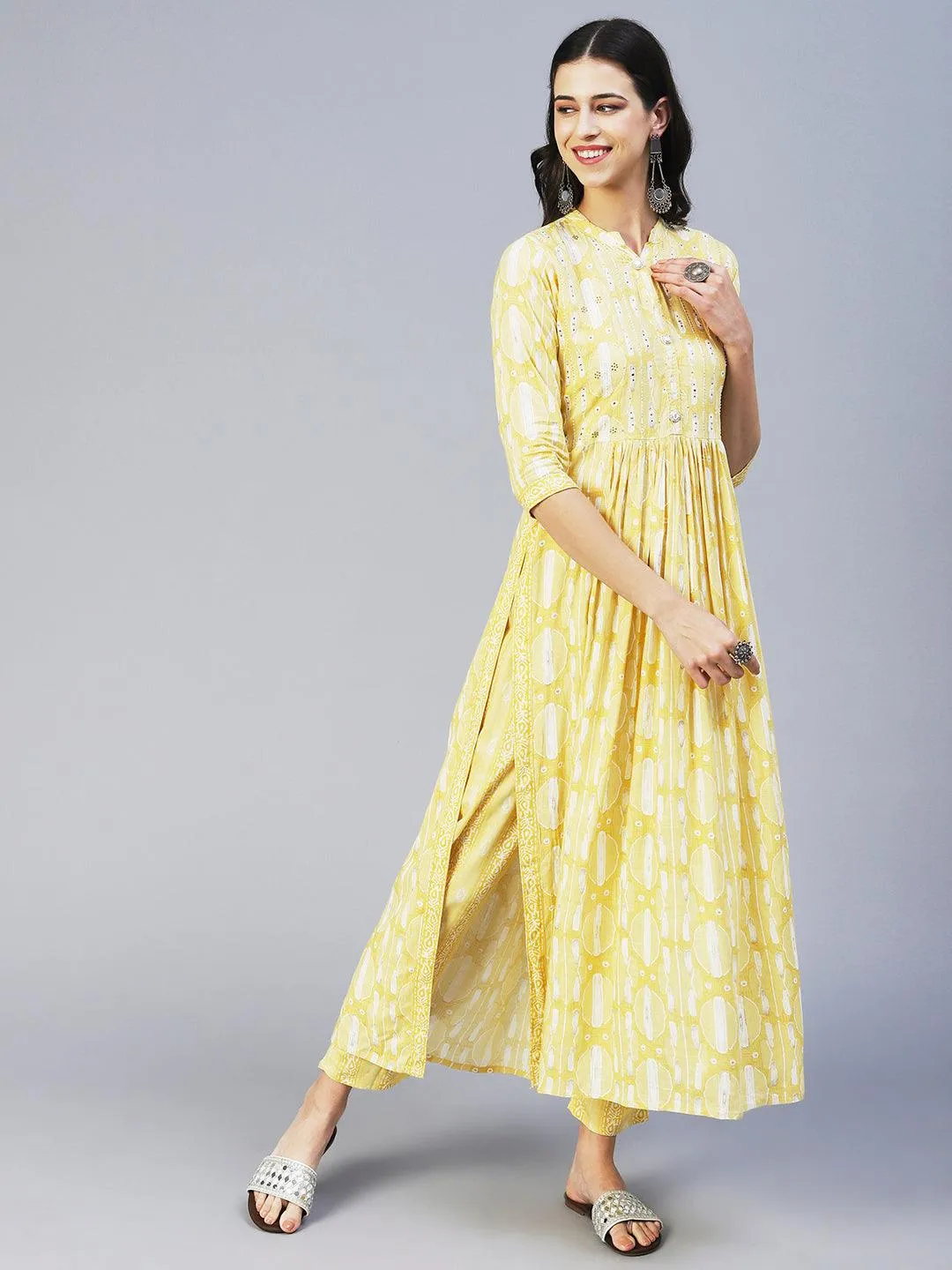 Abstract Printed Mirror Embroidered Kurta With Pants & Dupatta - Yellow