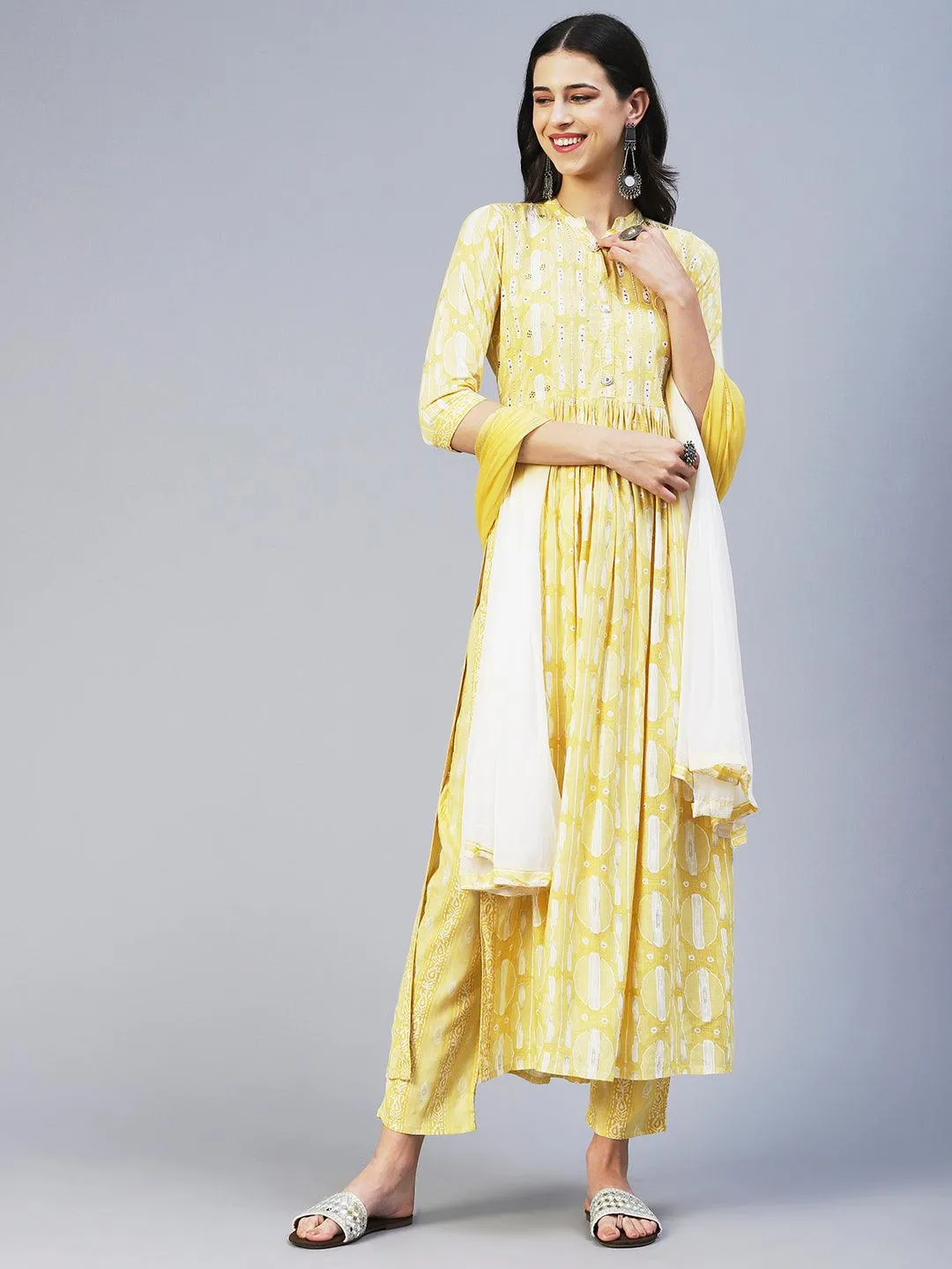 Abstract Printed Mirror Embroidered Kurta With Pants & Dupatta - Yellow