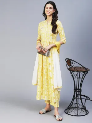 Abstract Printed Mirror Embroidered Kurta With Pants & Dupatta - Yellow