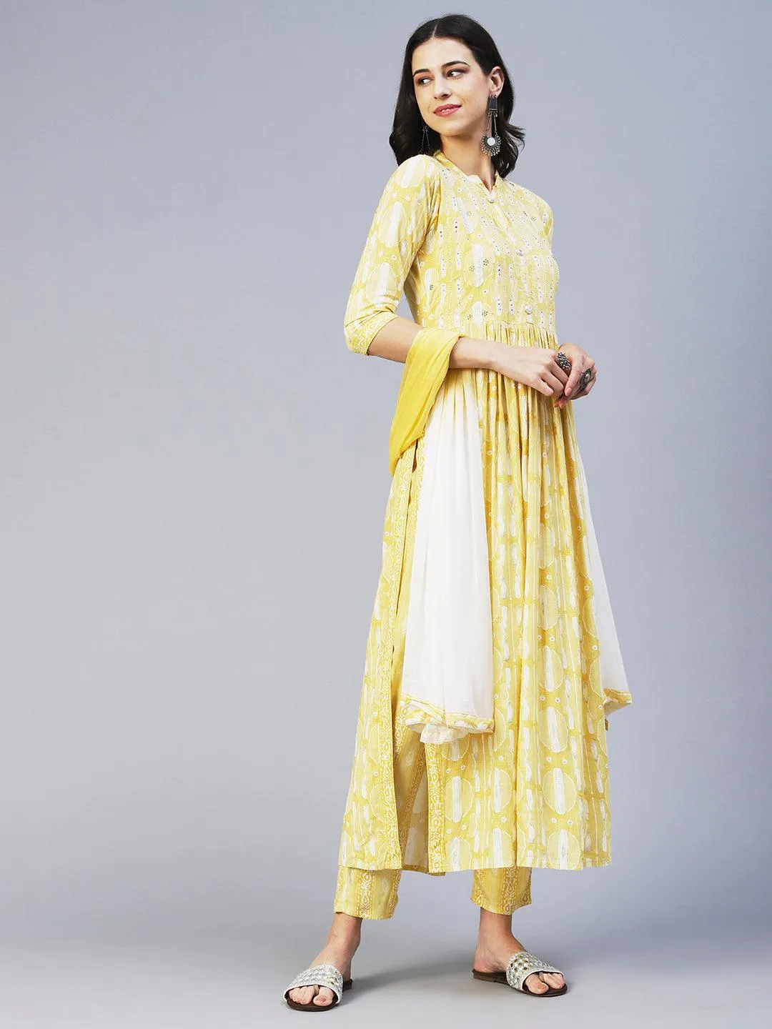 Abstract Printed Mirror Embroidered Kurta With Pants & Dupatta - Yellow