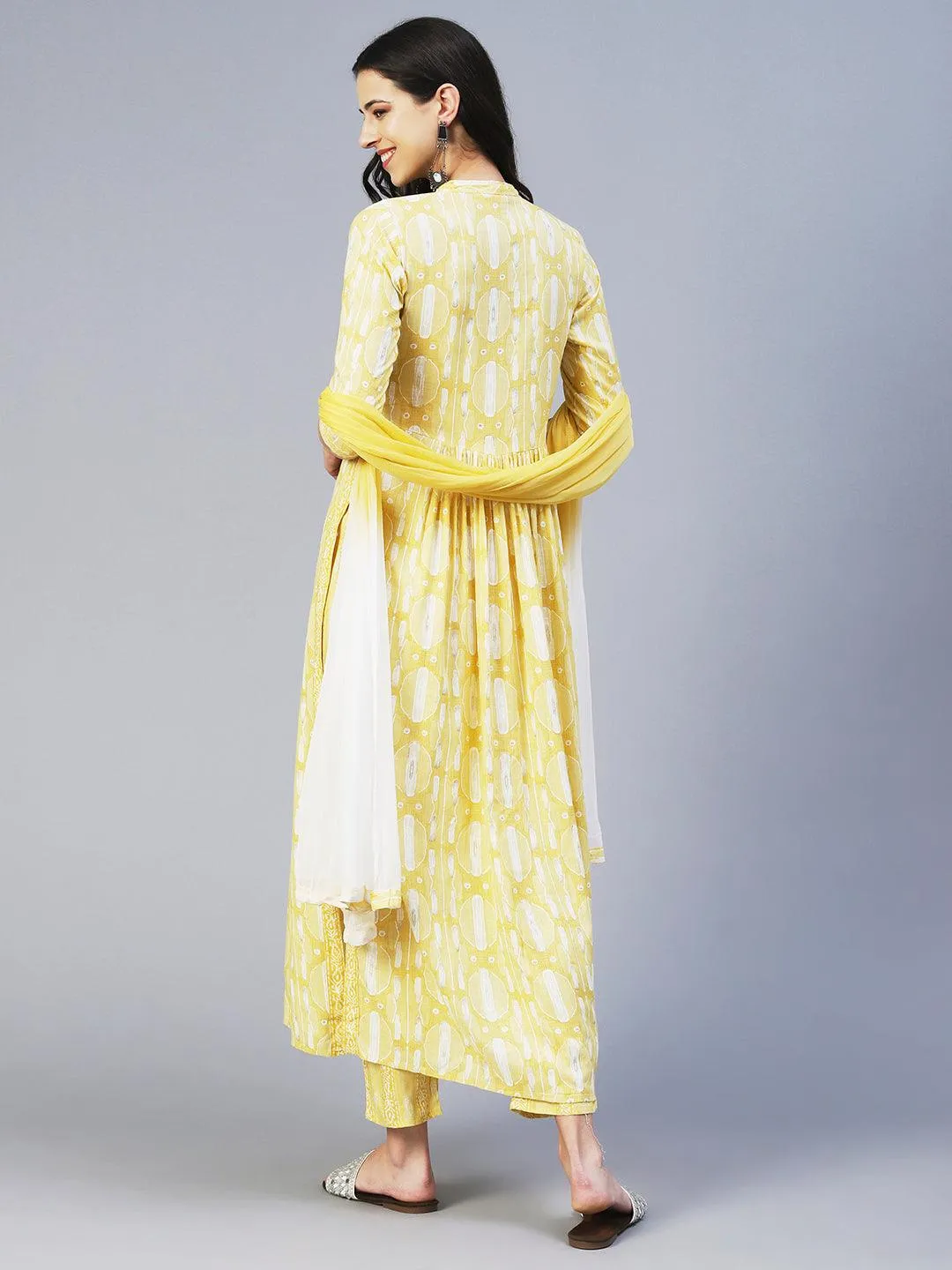 Abstract Printed Mirror Embroidered Kurta With Pants & Dupatta - Yellow