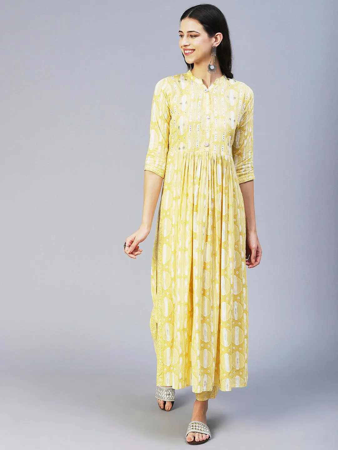 Abstract Printed Mirror Embroidered Kurta With Pants & Dupatta - Yellow