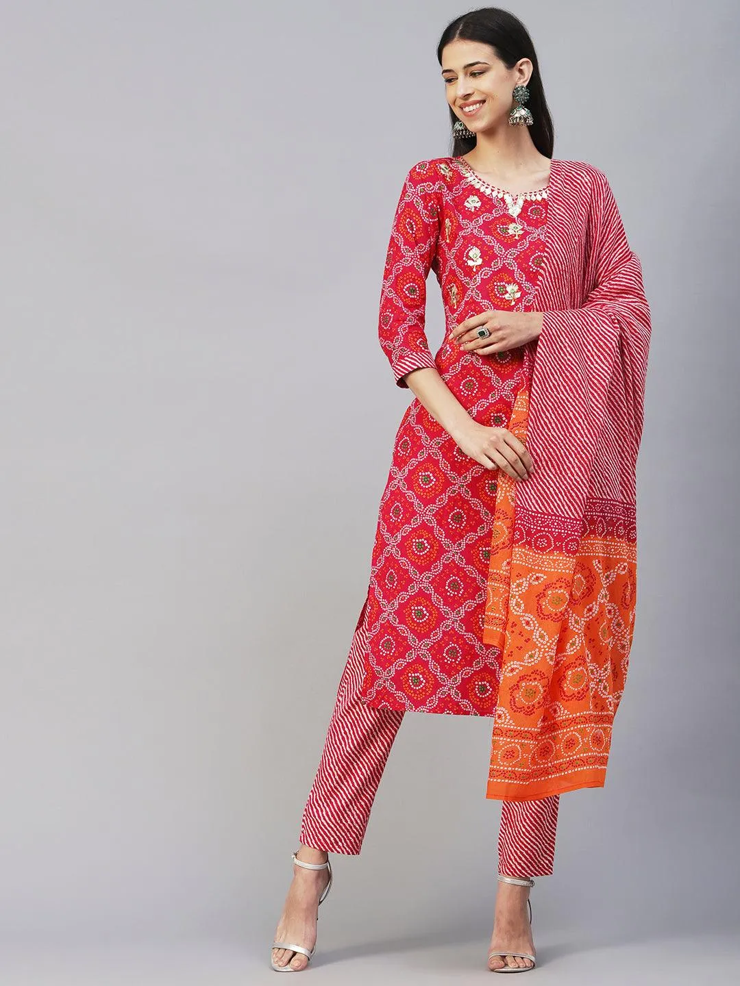 Bandhani Printed Gotapatti & Mirror Embroidered Kurta With Lehriya Pants & Dupatta - Magenta