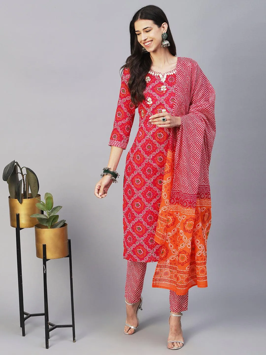 Bandhani Printed Gotapatti & Mirror Embroidered Kurta With Lehriya Pants & Dupatta - Magenta