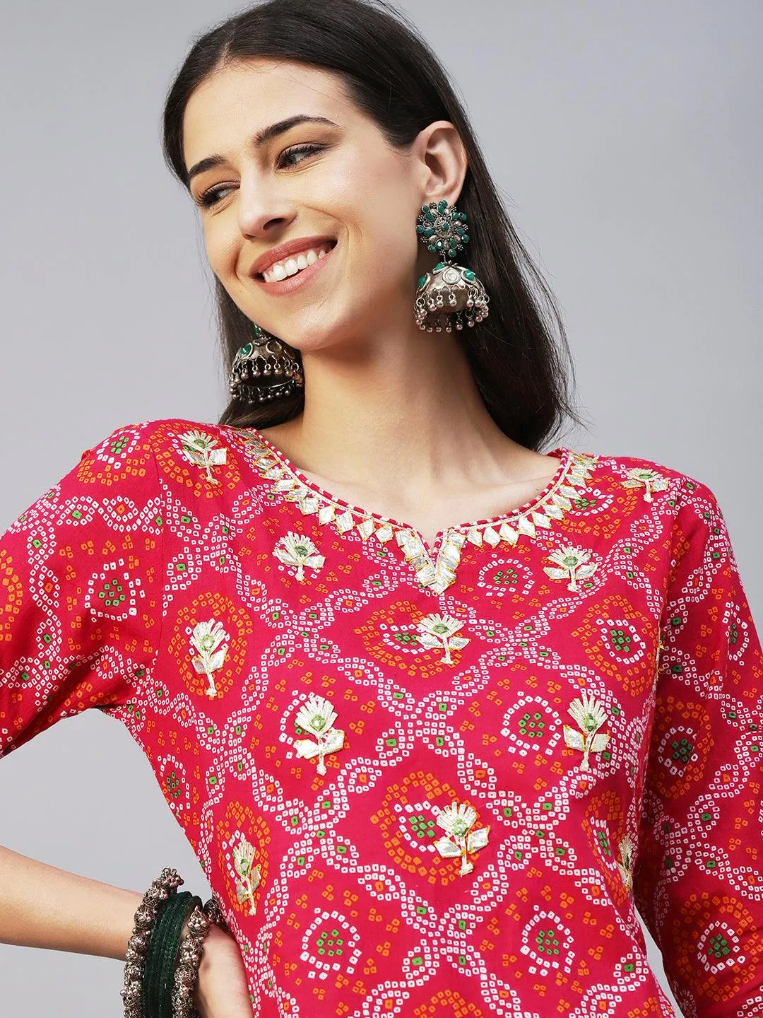 Bandhani Printed Gotapatti & Mirror Embroidered Kurta With Lehriya Pants & Dupatta - Magenta