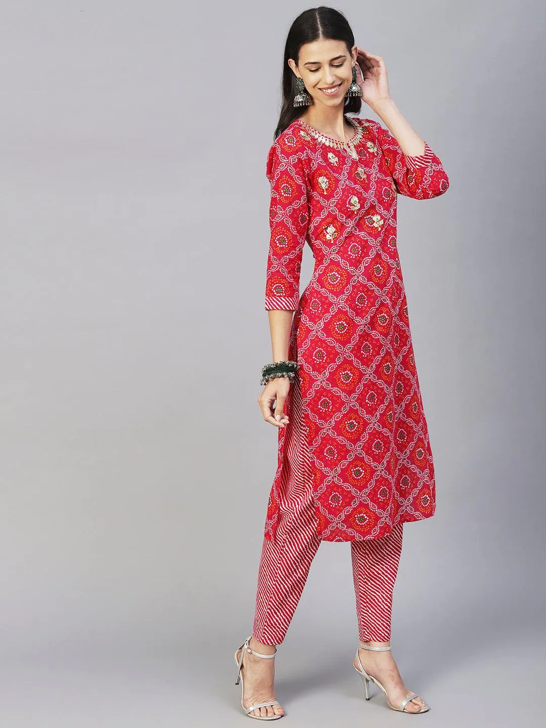 Bandhani Printed Gotapatti & Mirror Embroidered Kurta With Lehriya Pants & Dupatta - Magenta