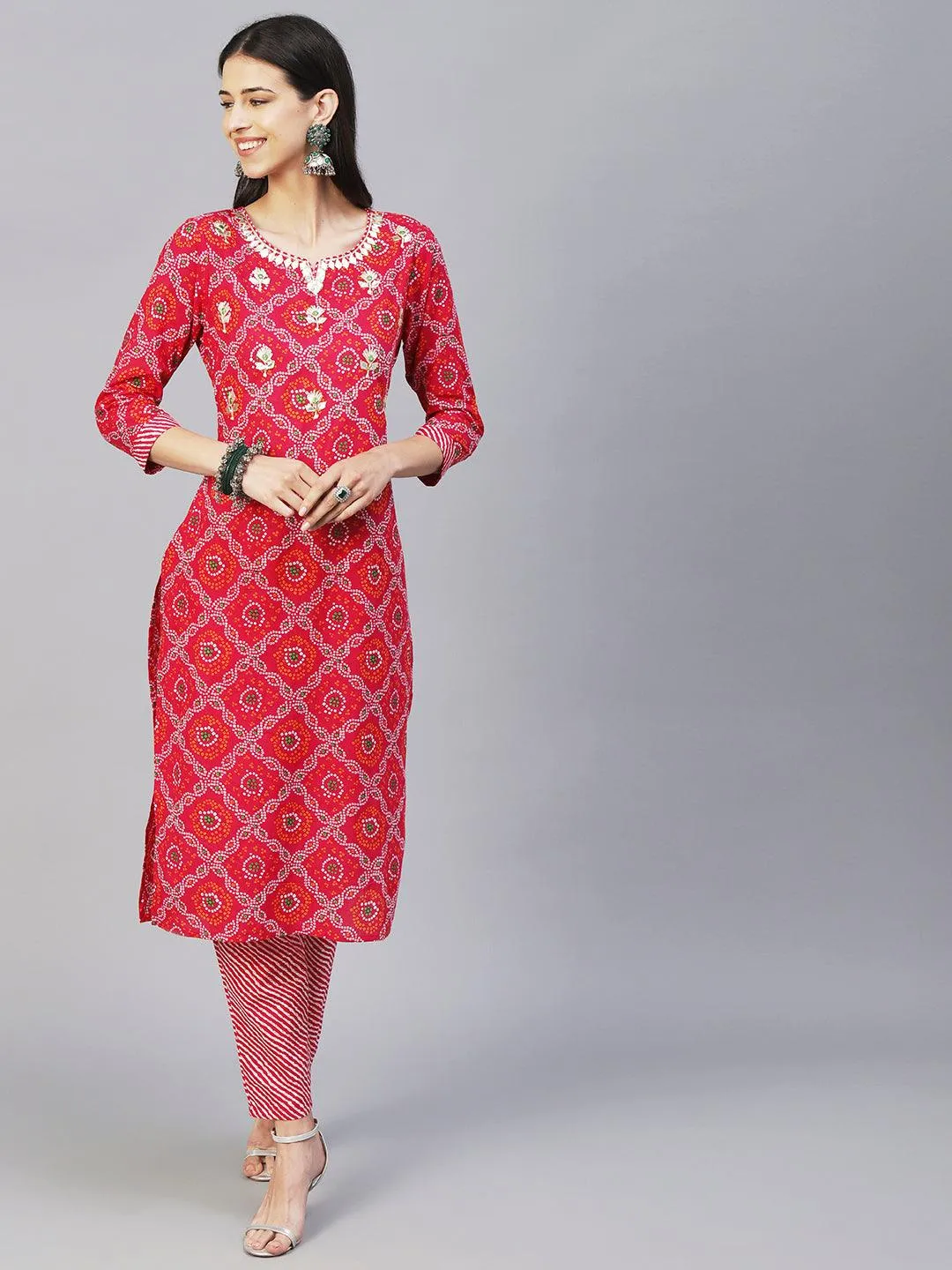 Bandhani Printed Gotapatti & Mirror Embroidered Kurta With Lehriya Pants & Dupatta - Magenta