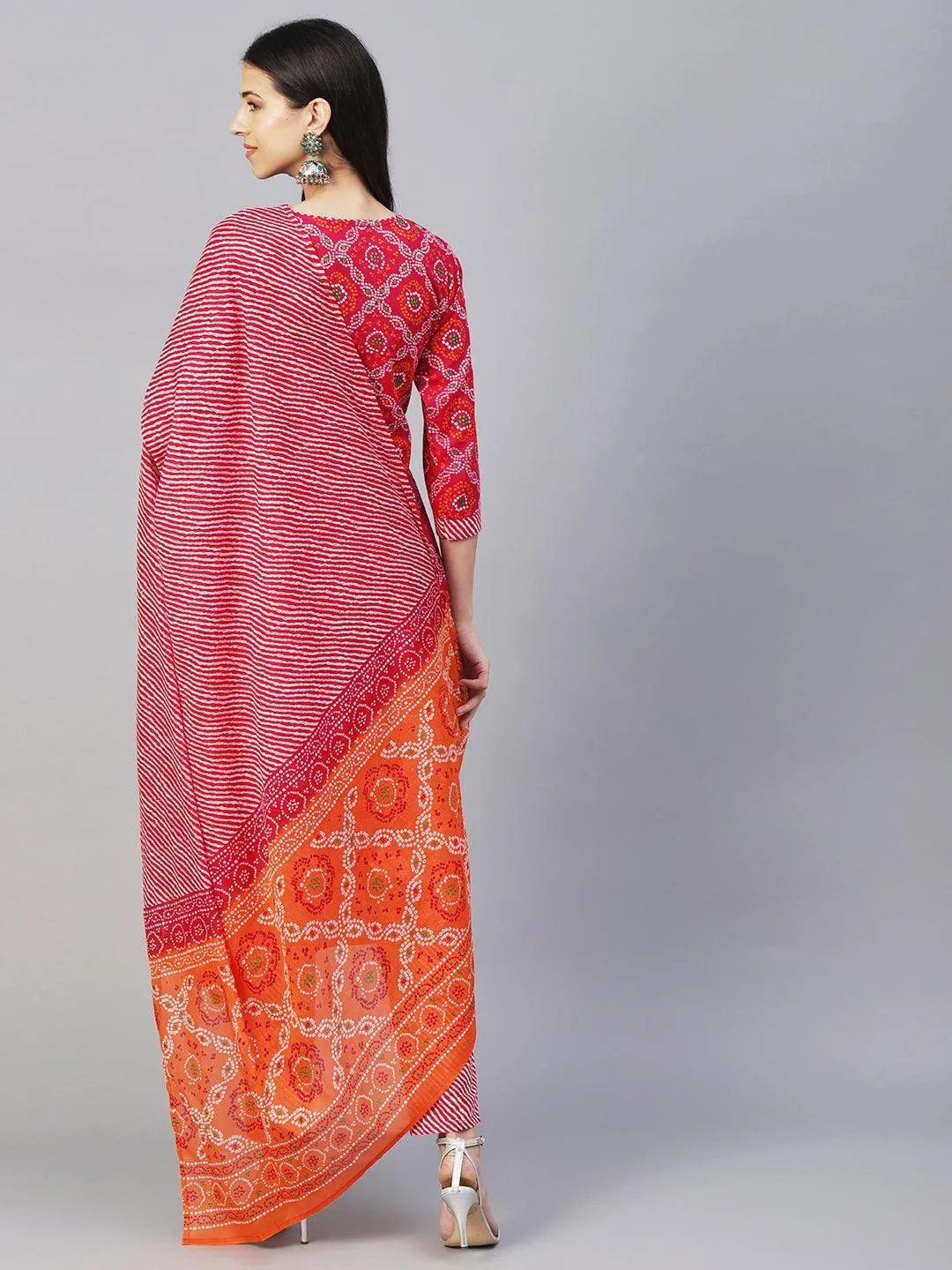 Bandhani Printed Gotapatti & Mirror Embroidered Kurta With Lehriya Pants & Dupatta - Magenta