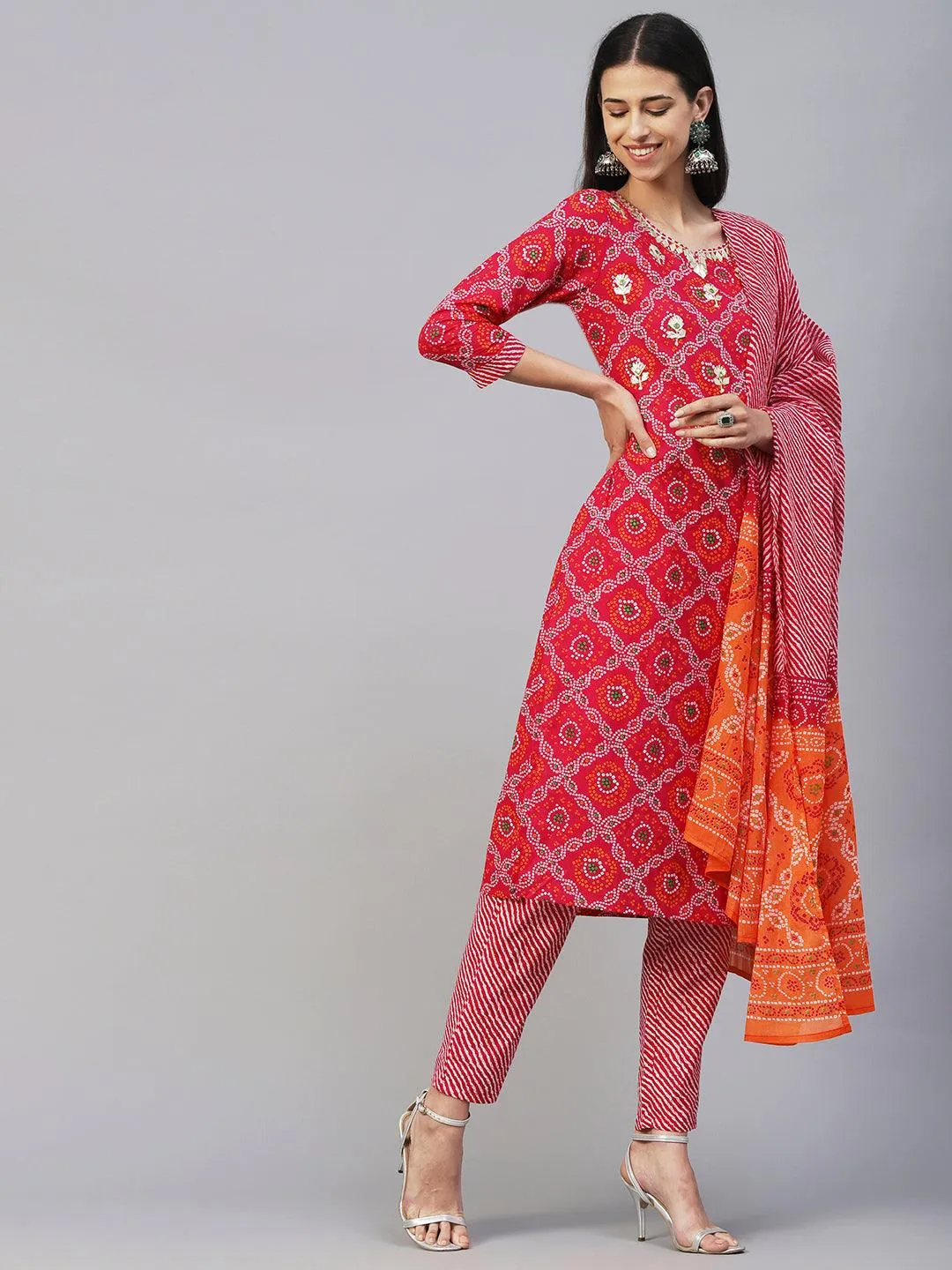 Bandhani Printed Gotapatti & Mirror Embroidered Kurta With Lehriya Pants & Dupatta - Magenta