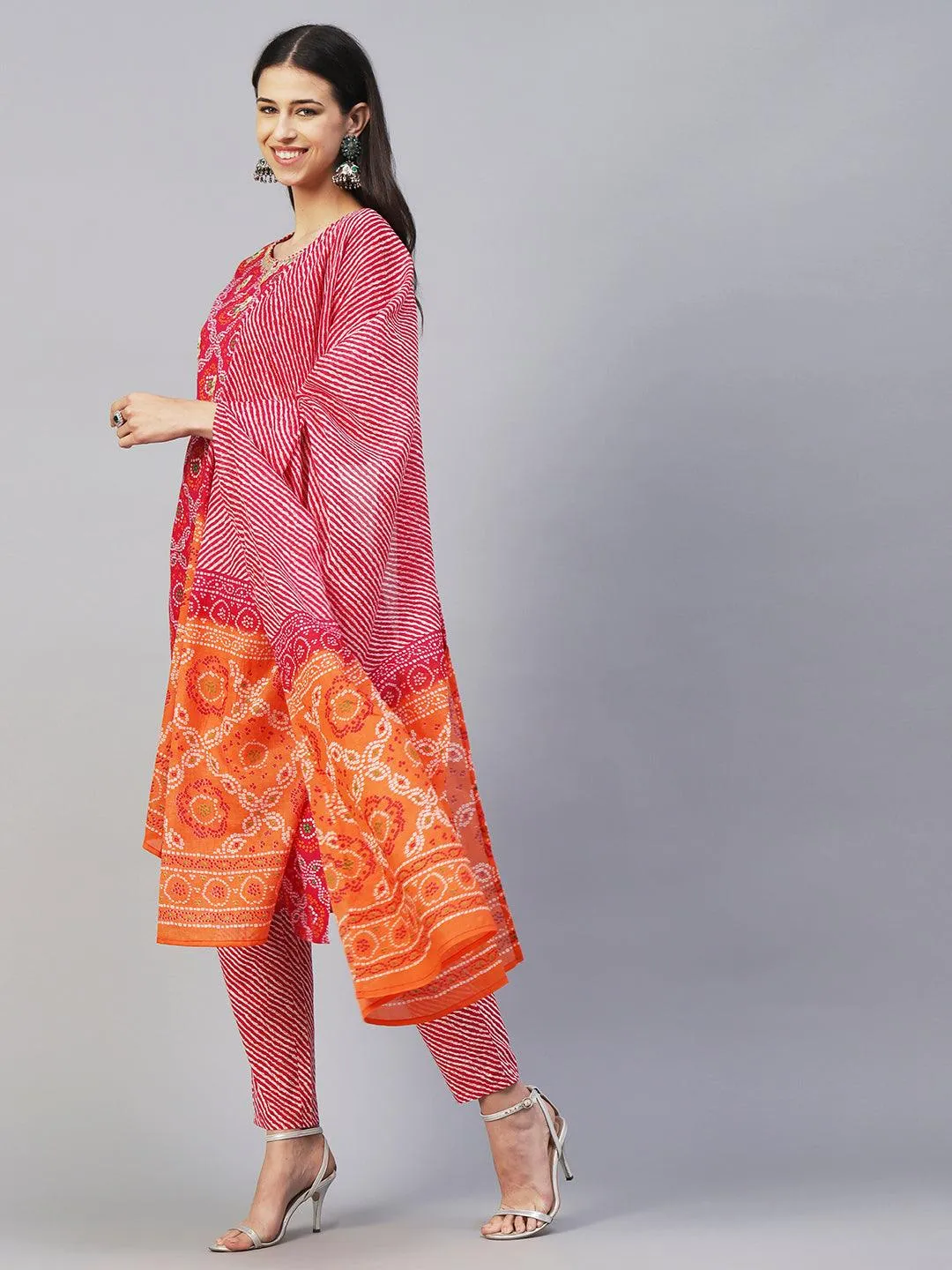 Bandhani Printed Gotapatti & Mirror Embroidered Kurta With Lehriya Pants & Dupatta - Magenta