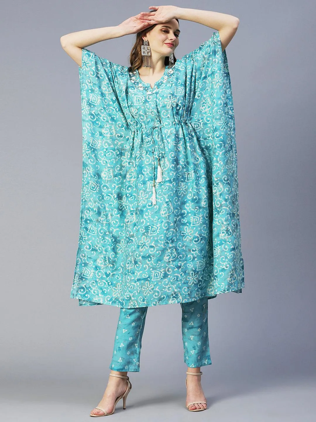 Batik Printed Beads Embellished Kaftan With Printed Pants - Turquoise Blue