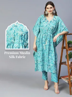 Batik Printed Beads Embellished Kaftan With Printed Pants - Turquoise Blue