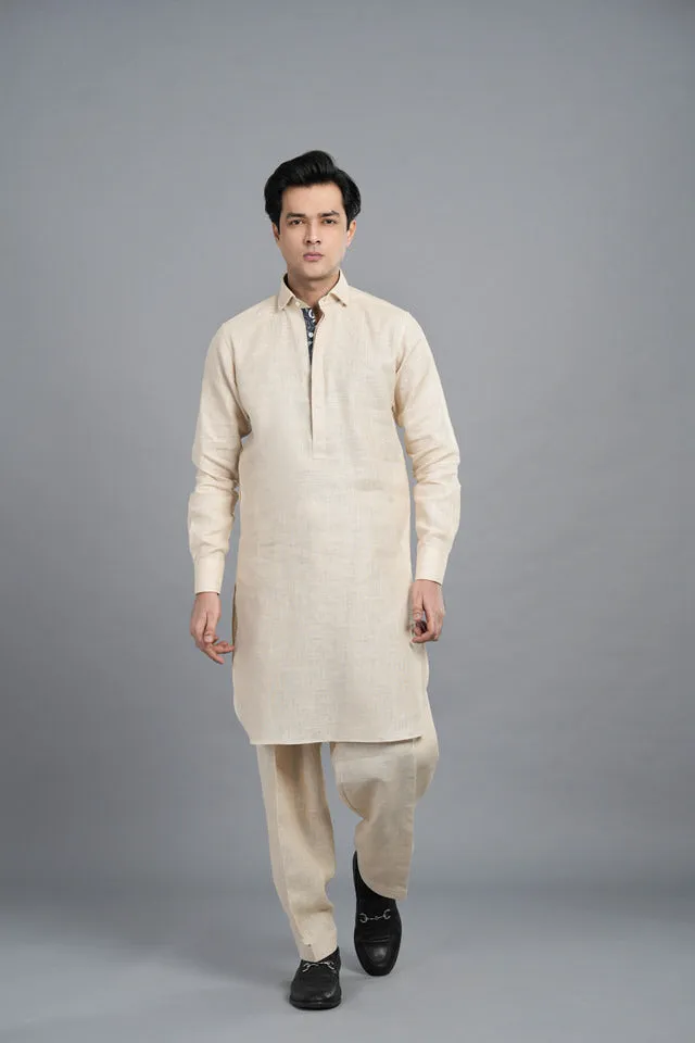 Beige Jute Linen With Denim Printed Shalwar Kameez SQ-420 (4A)