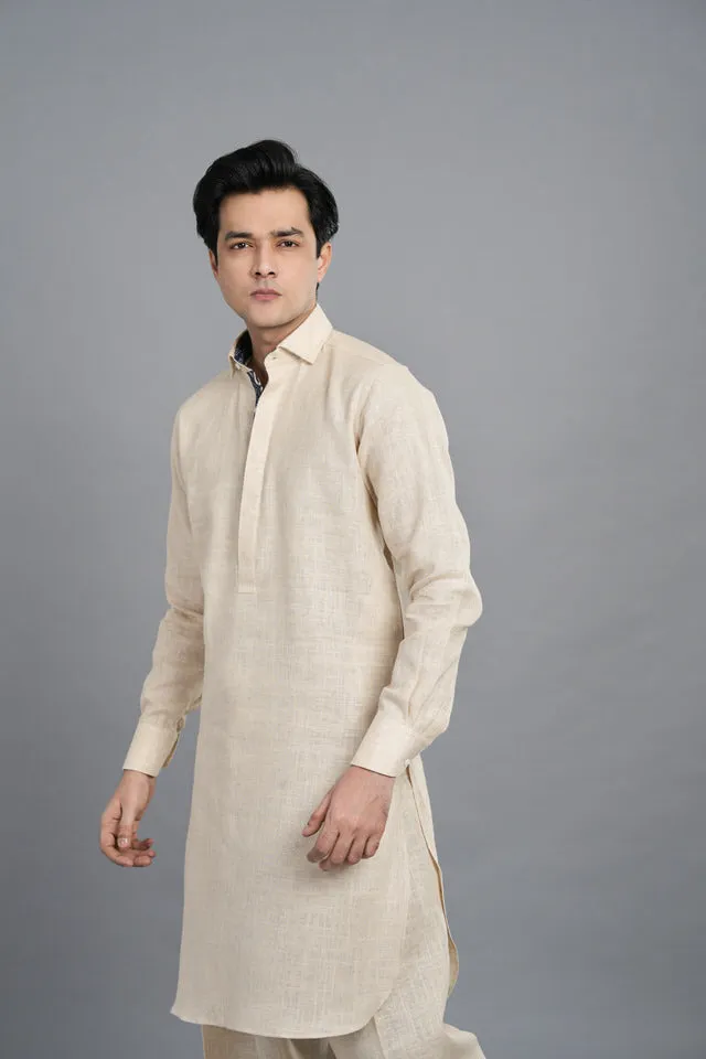 Beige Jute Linen With Denim Printed Shalwar Kameez SQ-420 (4A)