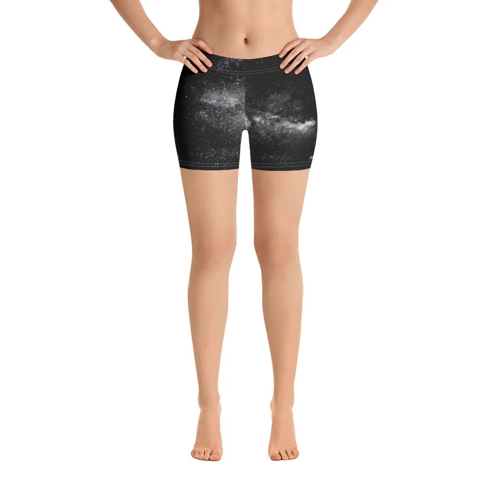 Black Galaxy Women's Shorts, Cosmic Milky Way Astrology Space Print Gym Tights-Made in USA/EU