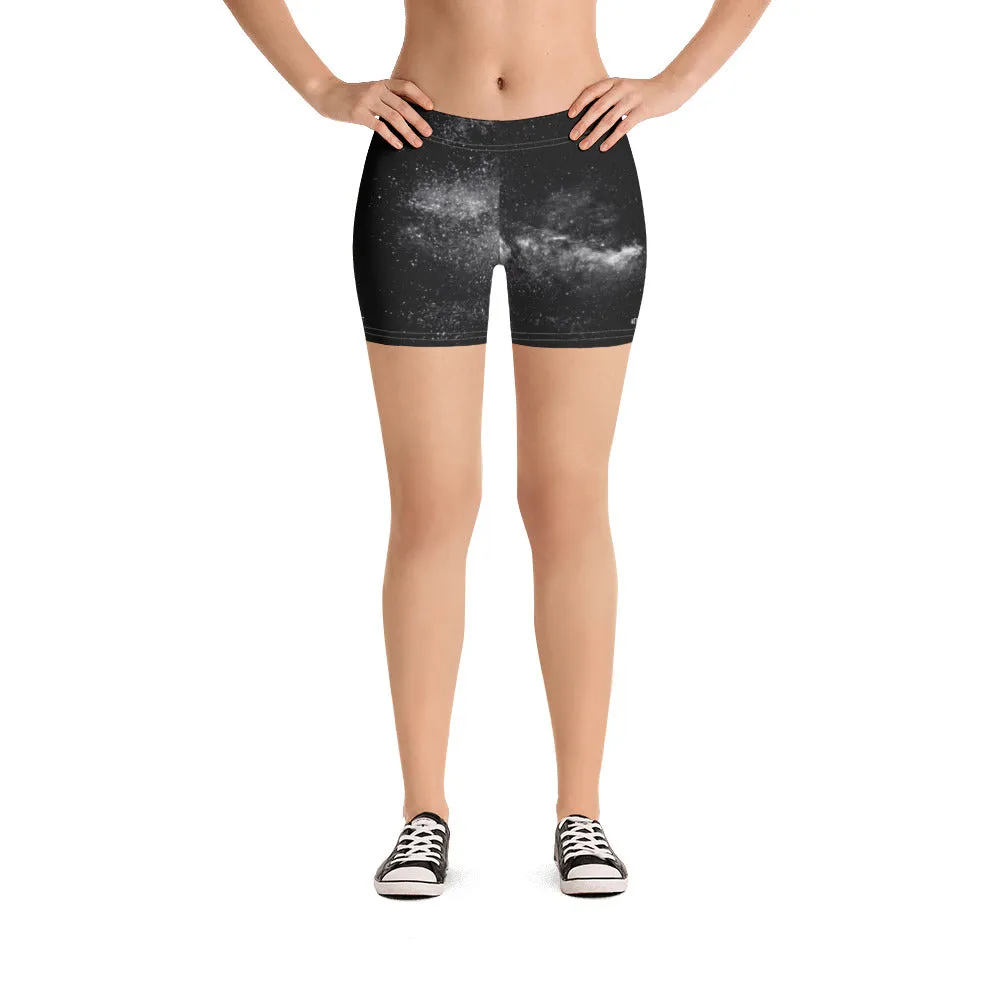 Black Galaxy Women's Shorts, Cosmic Milky Way Astrology Space Print Gym Tights-Made in USA/EU