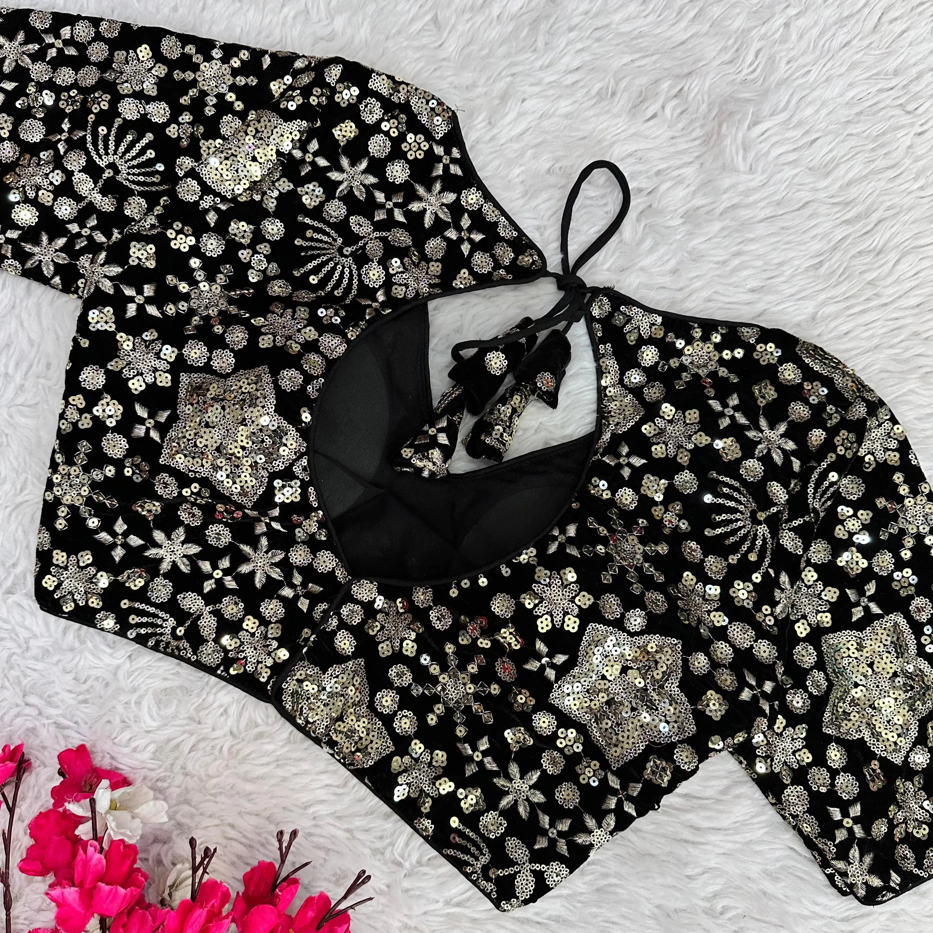 Black Golden Embroidered Velvet Blouse with Sequins