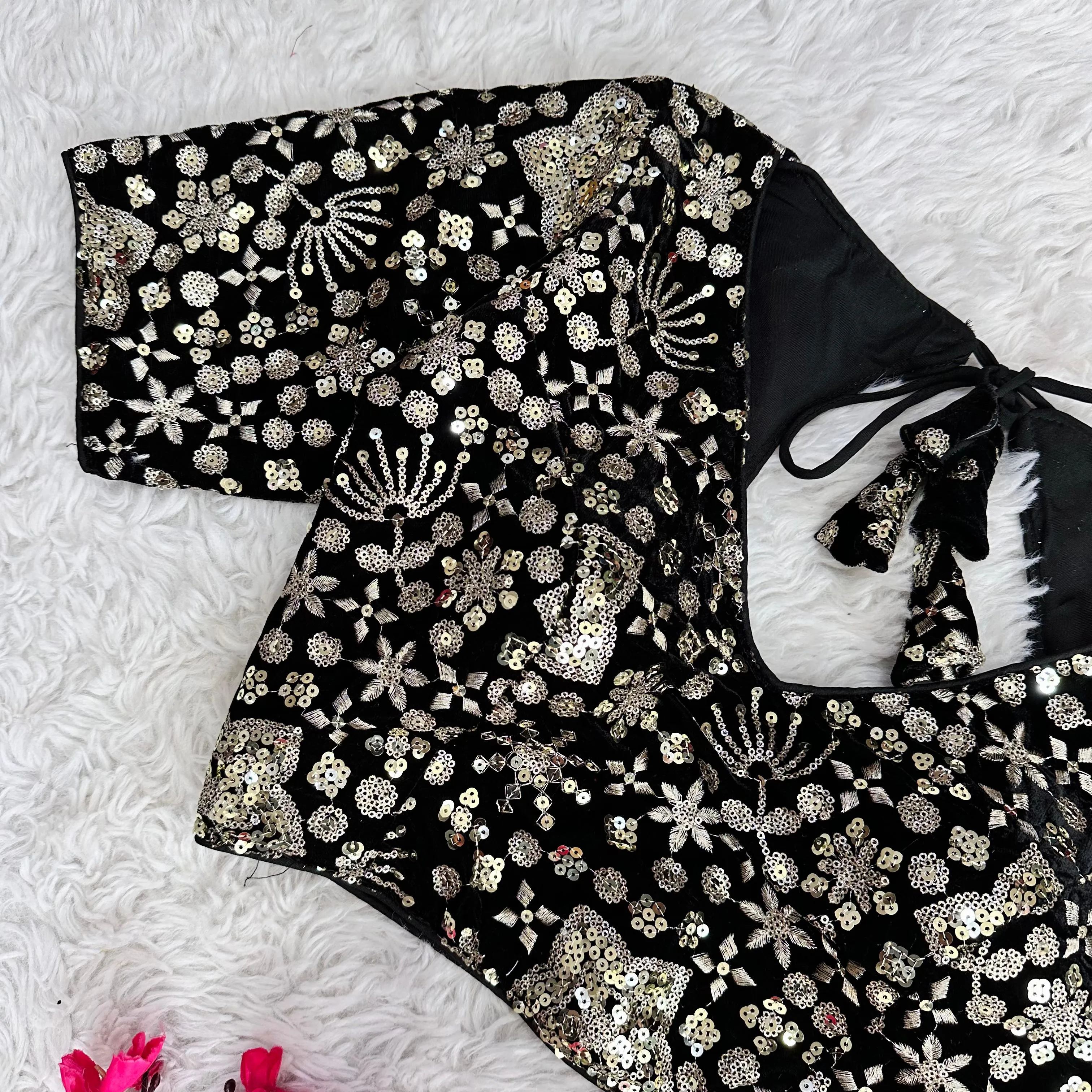 Black Golden Embroidered Velvet Blouse with Sequins