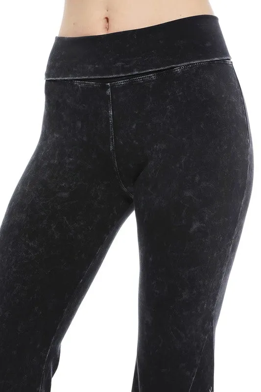 Black Mineral Wash Floral Embroidered Flare Yoga Pants