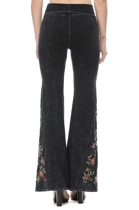 Black Mineral Wash Floral Embroidered Flare Yoga Pants