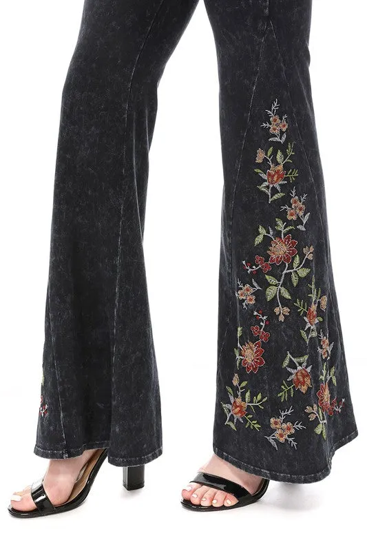 Black Mineral Wash Floral Embroidered Flare Yoga Pants