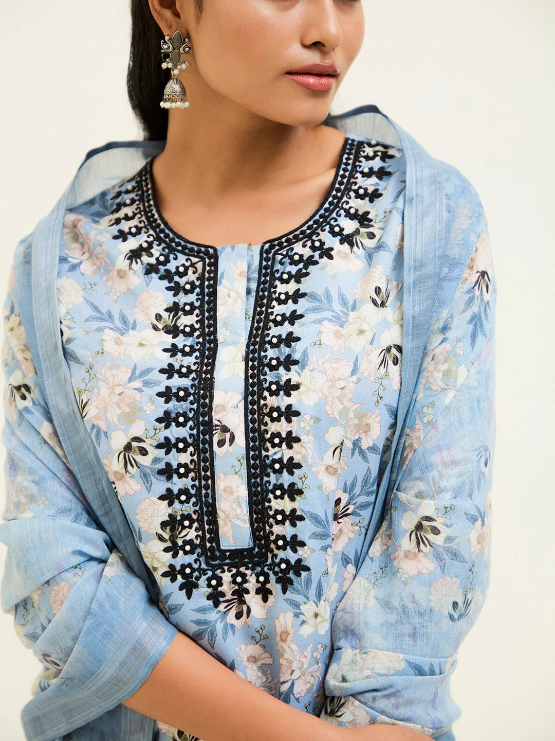 Blue Floral Printed Embroidered Suit Set