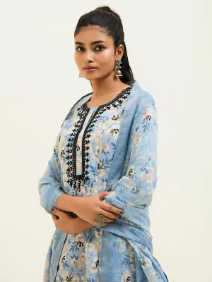 Blue Floral Printed Embroidered Suit Set