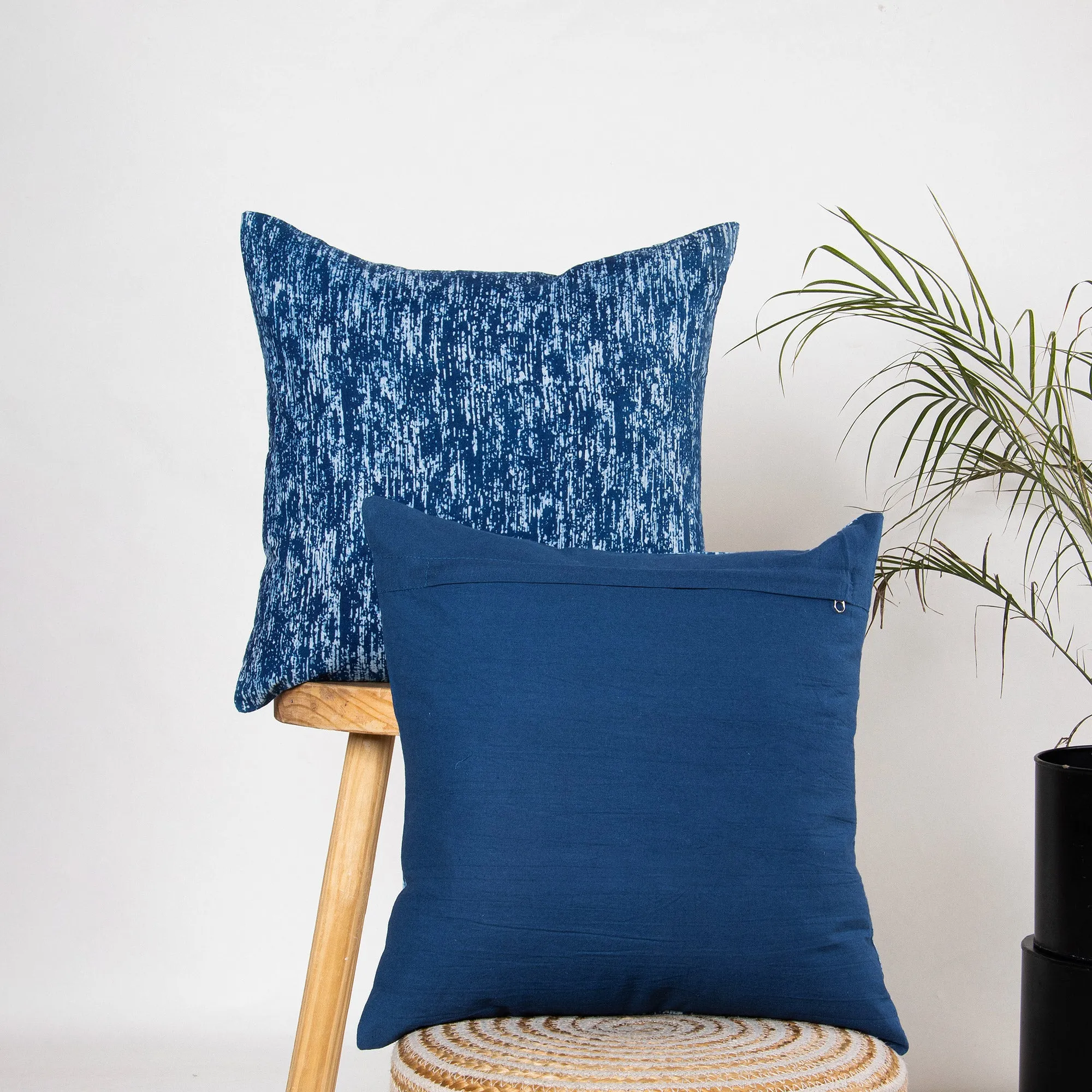 Blue Hand Block Abstract Printed Cotton Cushion Cover 24x24