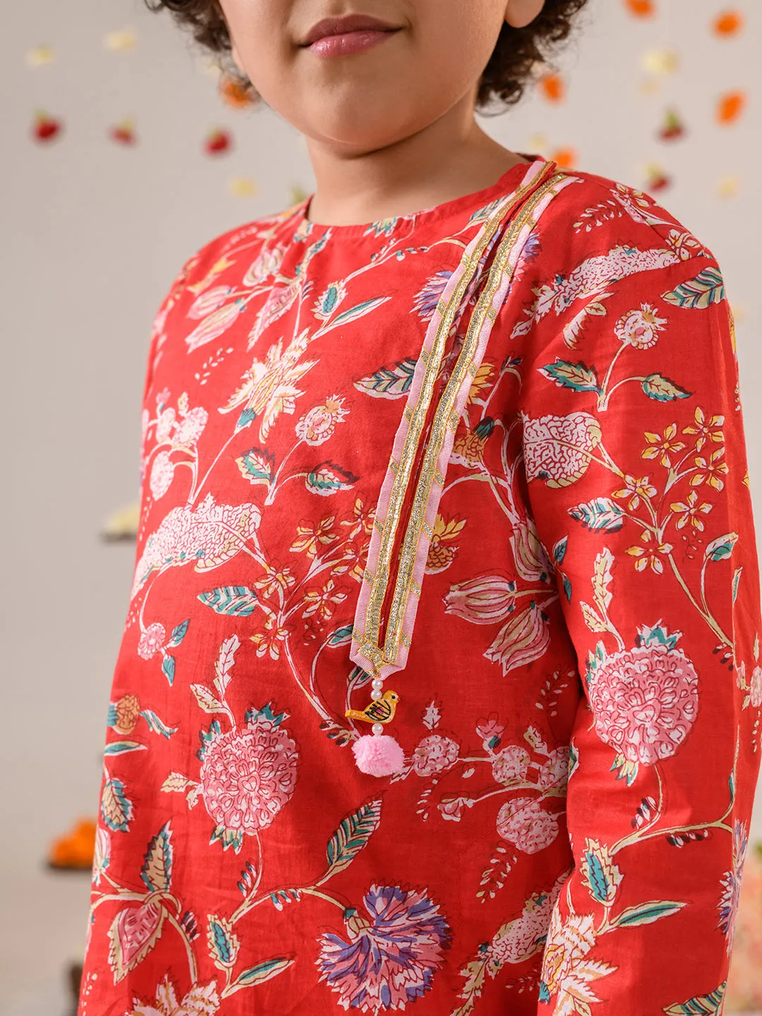 Boys  Floral Printed Regular Pure Cotton Kurta With Pyjamas - Ps Peaches