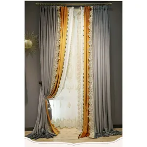 Brittany Luxury Royal Lace Designer Velvet Curtain - Gray & Orange