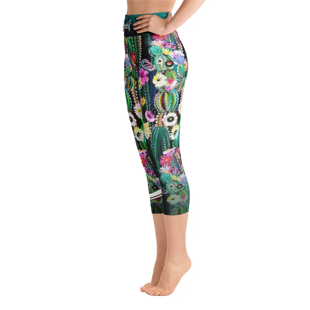 Cactus Florals Capri Leggings YOGA Capri Leggings Floral Print Capri Pants Green Capri Leggings for Yoga, PF