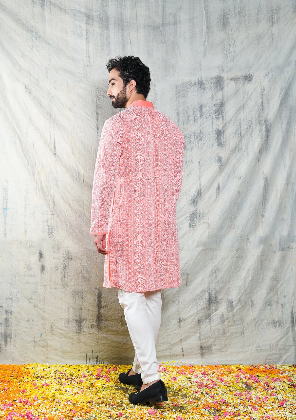 CORAL PINK SEQUINS EMBROIDERED CHIKANKARI KURTA PAJAMA SET WITH PEARL BUTTON DETAIL